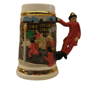 𝅺vintage Stein with fireman beer stein handle gold trim RARE FIND